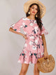 Large Floral Print Belted Ruffle Hem Dress