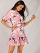 Large Floral Print Belted Ruffle Hem Dress