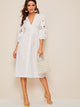 Laser Cut Lantern Sleeve Wide Waistband Dress