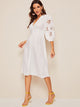 Laser Cut Lantern Sleeve Wide Waistband Dress