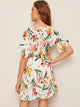 Floral Print Ruffle Hem Belted Dress