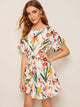 Floral Print Ruffle Hem Belted Dress