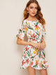 Floral Print Ruffle Hem Belted Dress