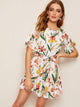 Floral Print Ruffle Hem Belted Dress