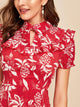 Keyhole Collared Neck Ruffle Trim Floral Dress