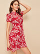 Keyhole Collared Neck Ruffle Trim Floral Dress