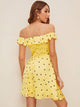 Polka Dot Shirred Back Ruffle Bardot Flare Dress