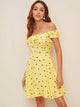 Polka Dot Shirred Back Ruffle Bardot Flare Dress