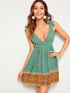 Tribal Ditsy Floral Plunging Neck Backless Slip Dress