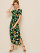 Floral & Tropical Print Belted Slip Hem Dress