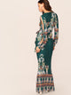 Tribal Print Split Sleeve Wrap Belted Fishtail Dress