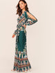 Tribal Print Split Sleeve Wrap Belted Fishtail Dress