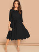 Scallop Trim Belted Flare Dress