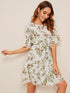 Floral Print Ruffle Hem Belted Dress