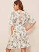 Floral Print Ruffle Hem Belted Dress
