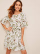 Floral Print Ruffle Hem Belted Dress