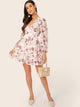 Surplice Neck Button Backless Ruffle Trim Flare Dress