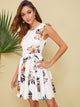Ruffle Trim Scallop Hem Floral Print Belted Dress