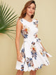 Ruffle Trim Scallop Hem Floral Print Belted Dress