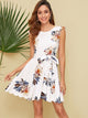 Ruffle Trim Scallop Hem Floral Print Belted Dress