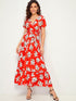 Large Floral Print Ruffle Hem Belted Surplice Dress
