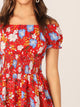 Off Shoulder Shirred Waist Floral Print Dress