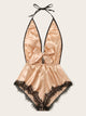 Lace Trim Satin Romper Bodysuit
