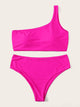 Plus Neon Pink One Shoulder Bikini Set