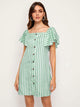 Striped Button Front Butterfly Sleeve Dress