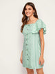 Striped Button Front Butterfly Sleeve Dress