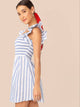 Ruffle Armhole Shirred Bodice Striped Dress
