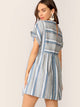Rolled Cuff Pocket Side Striped Smock Dress