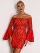 Flounce Sleeve Bardot Lace Bodycon Dress