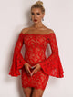 Flounce Sleeve Bardot Lace Bodycon Dress