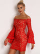 Flounce Sleeve Bardot Lace Bodycon Dress