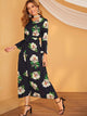 Floral Print Flounce Sleeve Belted Maxi Dress