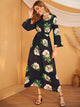Floral Print Flounce Sleeve Belted Maxi Dress