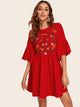 Embroidered Floral Flounce Sleeve Smock Dress