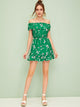 Floral Print Ruffle Trim Off Shoulder Dress