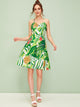 Tropical Print Lace Up Back Flare Slip Dress