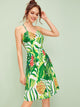 Tropical Print Lace Up Back Flare Slip Dress