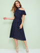 Asymmetrical Neck Ruffle Trim Heart Print Belted Dress