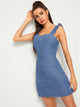 Zip Back Button Front Ruffle Trim Denim Dress