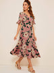 Surplice Large Floral Print Ruffle Hem Dress
