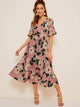 Surplice Large Floral Print Ruffle Hem Dress