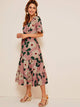 Surplice Large Floral Print Ruffle Hem Dress