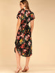 Floral Print Notched Neck Belted Curved Hem Dress
