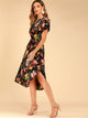 Floral Print Notched Neck Belted Curved Hem Dress