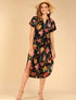 Floral Print Notched Neck Belted Curved Hem Dress