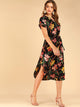 Floral Print Notched Neck Belted Curved Hem Dress